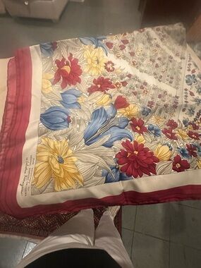 Salvatore Ferragamo Cream, Yellow and Red Floral Silk Scarf